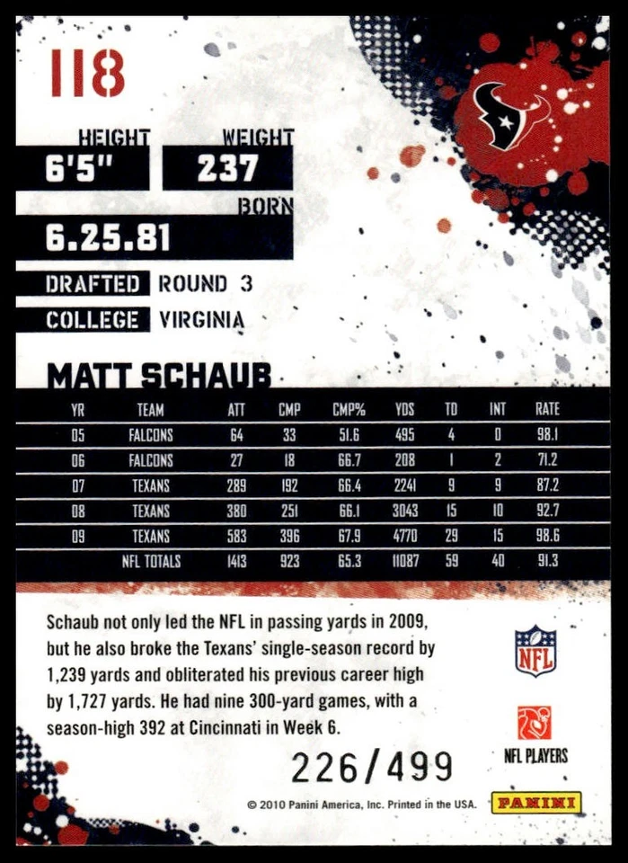 2010 Score #118 Matt Schaub Scorecard #/499 - Image 2 of 2