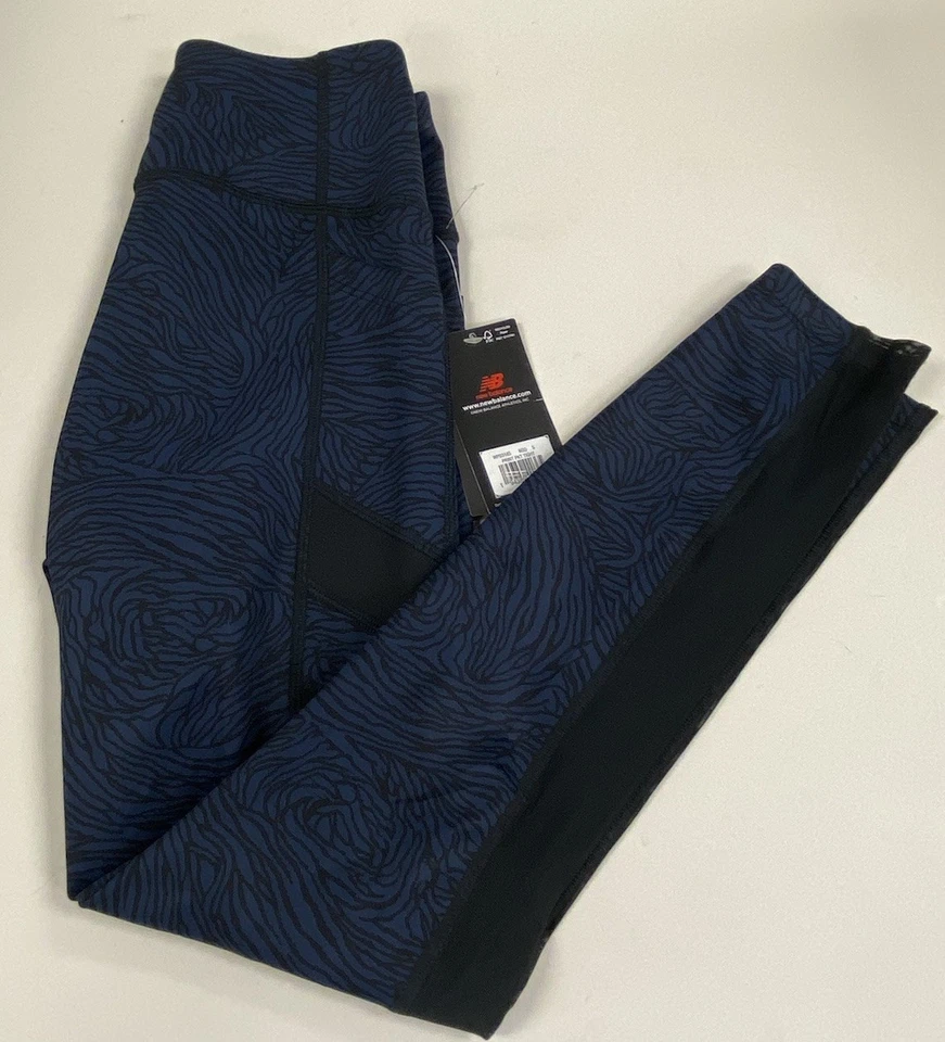 ¡NUEVO CON ETIQUETAS! Leggings New Balance Pequeños Para Mujer Azul Marino Estampado Animal Panel de Malla Cebra Foto 2 de 4