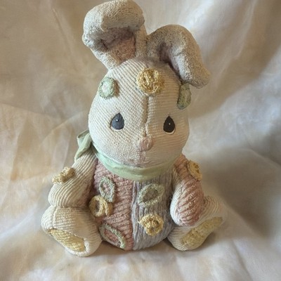 Vintage Textured Bunny Figurine Pastel Patchwork Rabbit w/ Bow Easter Coin Bank