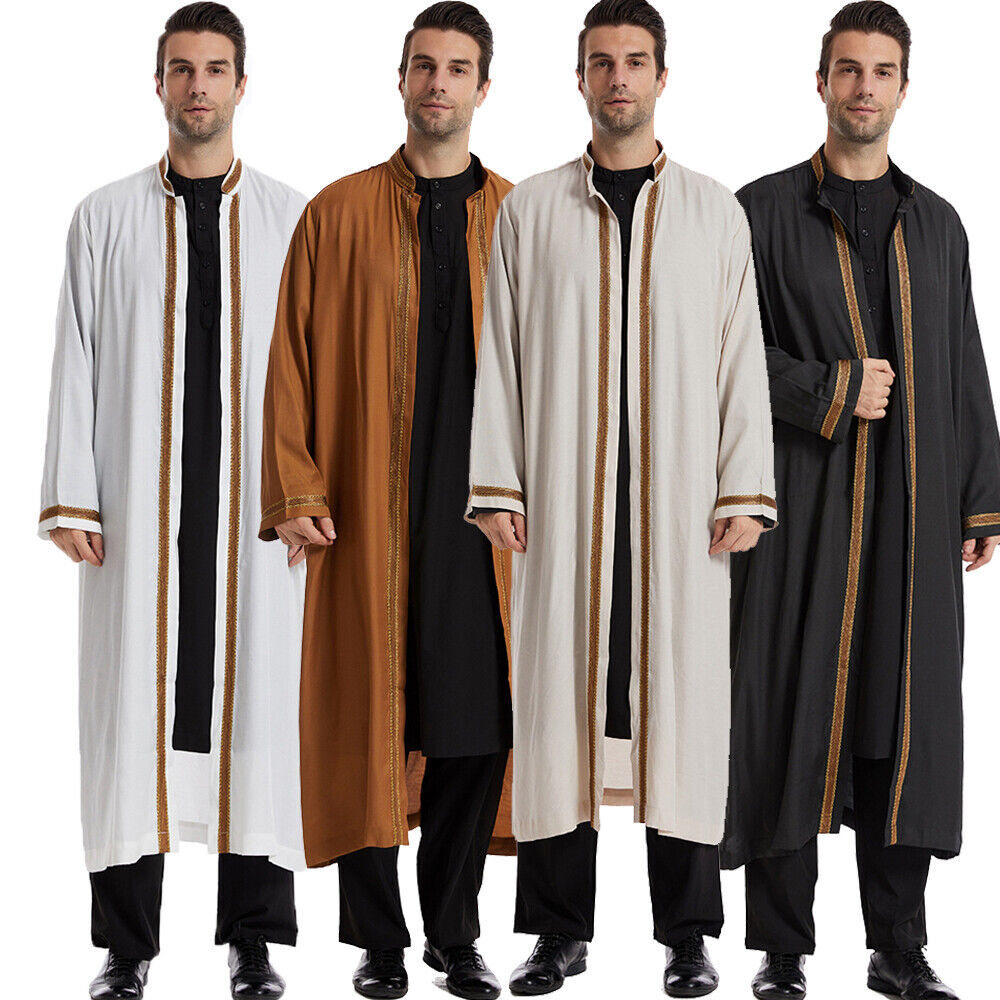 KRUIHAN Kaftan heren gebedskleding voor mannen islam zwart abaya heren lange mouwen Arabische kleding heren thobe met zakken islamitische geschenken, Stijl A-zwart, 3XL