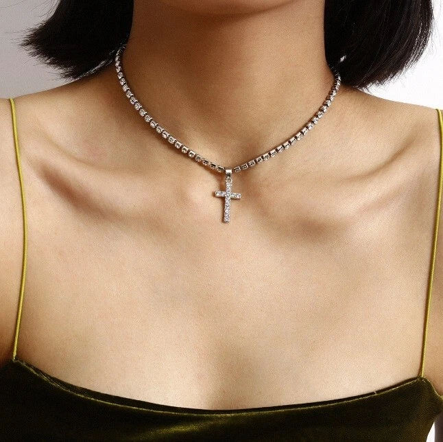 Cristallo Croce Ciondolo Collana Cuore Catena Lucente Donna Gioielli Gesù Regali - Immagine 4 di 4