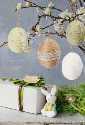 4 EASTER ORNAMENTS EGGS Wrapped Farmhouse HANGING TREE DECOR LG Bowl Fillers