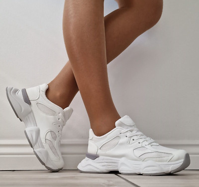 Damen-Sneaker weiß klobige Sohle Schnürschuhe Sport bequem Walking Größen