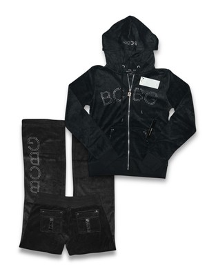 NWT BCBG black silver terry cloth sweats jacket flared pants tracksuit womens S