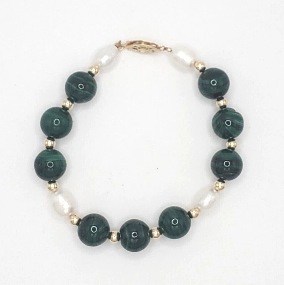 Nuevo Brazalete 7 1/4" Original Malaquita Natural y FWP Cuentas 14KYG y Cierre de Filigrana Foto 2 de 4