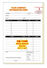 DRAIN PLUMBING INVOICE WORK ORDER   2 or 3 Part Carbonless