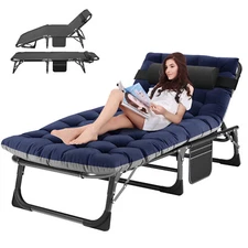 H&ZT Camping Cot 4 Gears Adjustable Folding Chaise Chair Bed w/Mattress Pillow