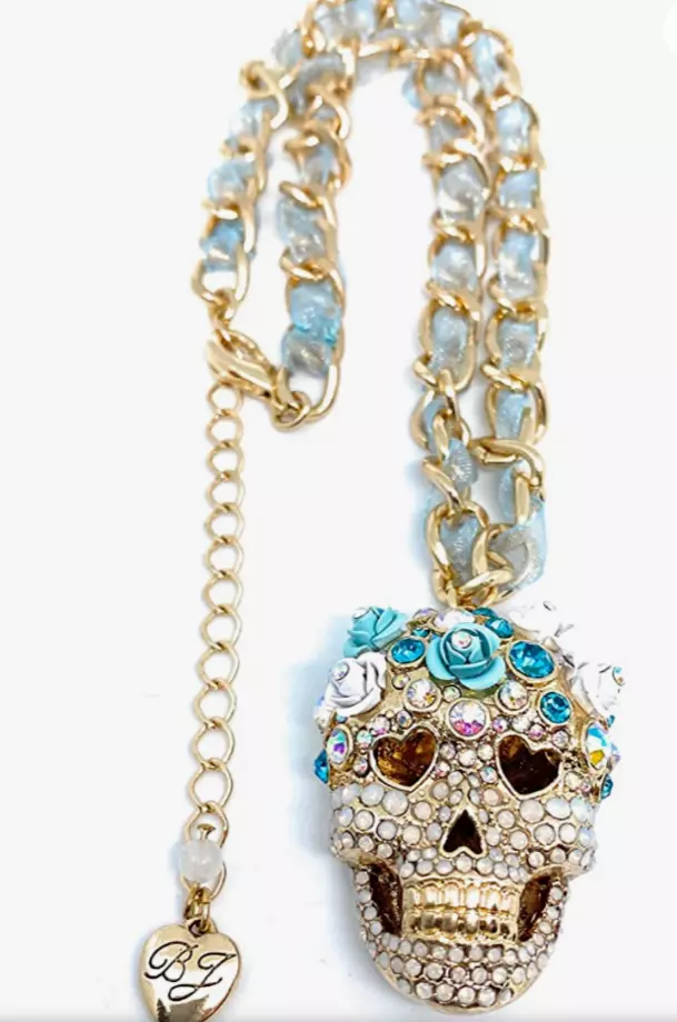Betsey Johnson Blue Ribbon Chain Crystal Sugar Skull Pendant