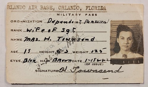 WW2 US Orlando FL Air Base Dependents Military Pass Woman Jan. 1942 Vintage Army