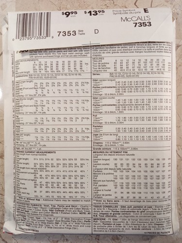 McCALLs 7353 Vtg 90s Duster maxi yoke Vest Hat Sash Pant 12 14 16 UNCUT Pattern - Picture 4 of 9