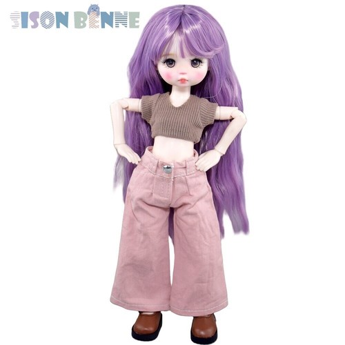 Poupée BJD Faite À La Main 12 Pouces 30Cm Set Complet Yeux Bruns Cheveux Violets - Imagen 24 de 24