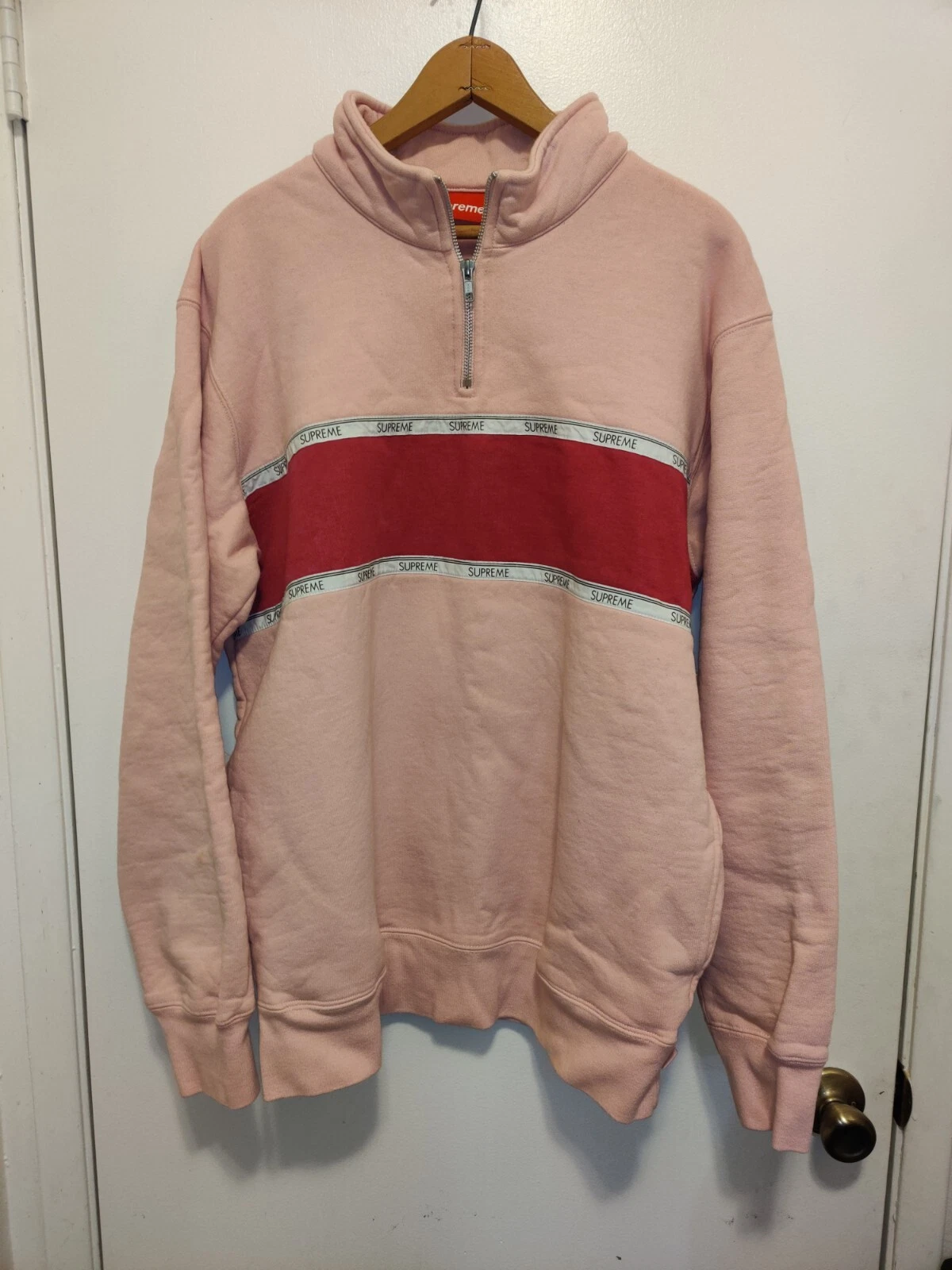 Pull Supreme XL Sweat Logo Bande Rayure Demi Zip Col Rond 2017 Patineur