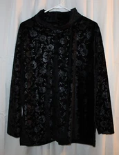 Black Floral Roses Long Sleeve Felt-like Mock Turtleneck Blouse - Size L