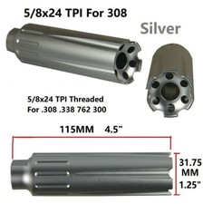 Extra Long 5/8x24 TPI For 9mm Silver Low Concussion Muzzle Brake Compensator