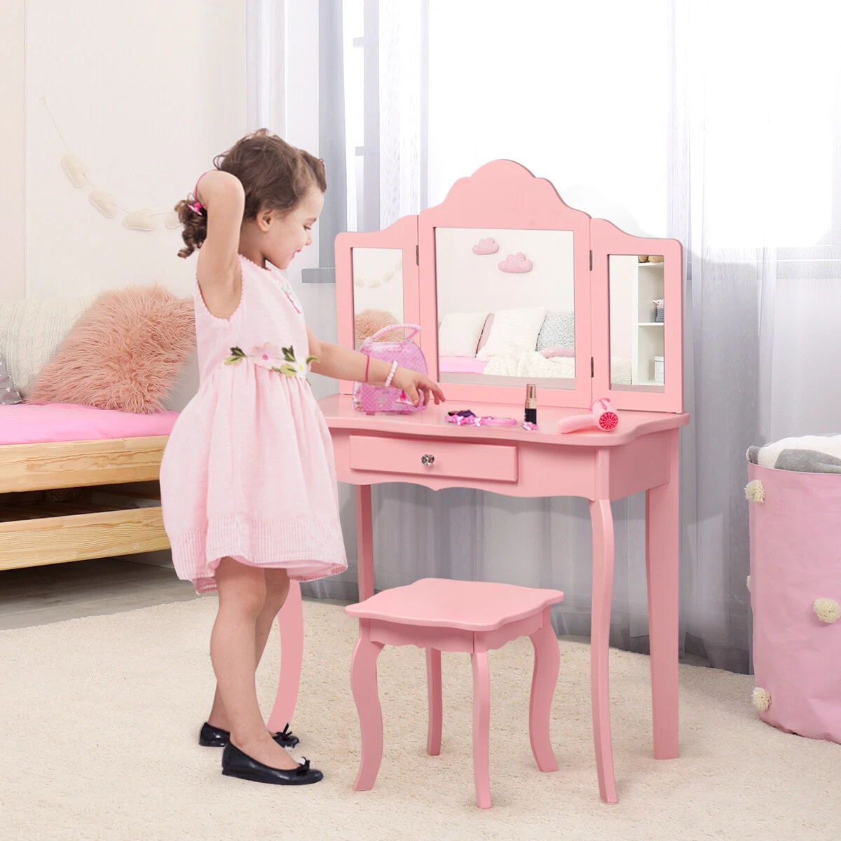 Kids Vanity Table Stool Princess Dressing Make Up Play Set for