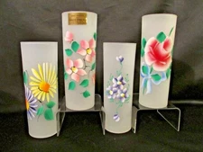 HANSETTA ARTWARE Co NY 4 TUMBLERS HAND PAINTED ASST FLOWERS FROSTED GLASSES