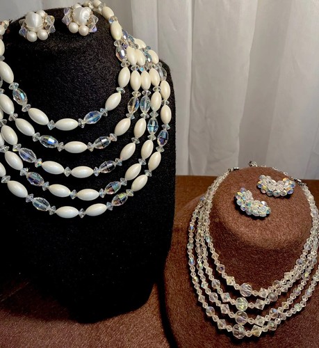 Vintage AB 2-Necklaces & 2- Pair Earrings Aurora Borialis 4 & 5 Strand lot of 4