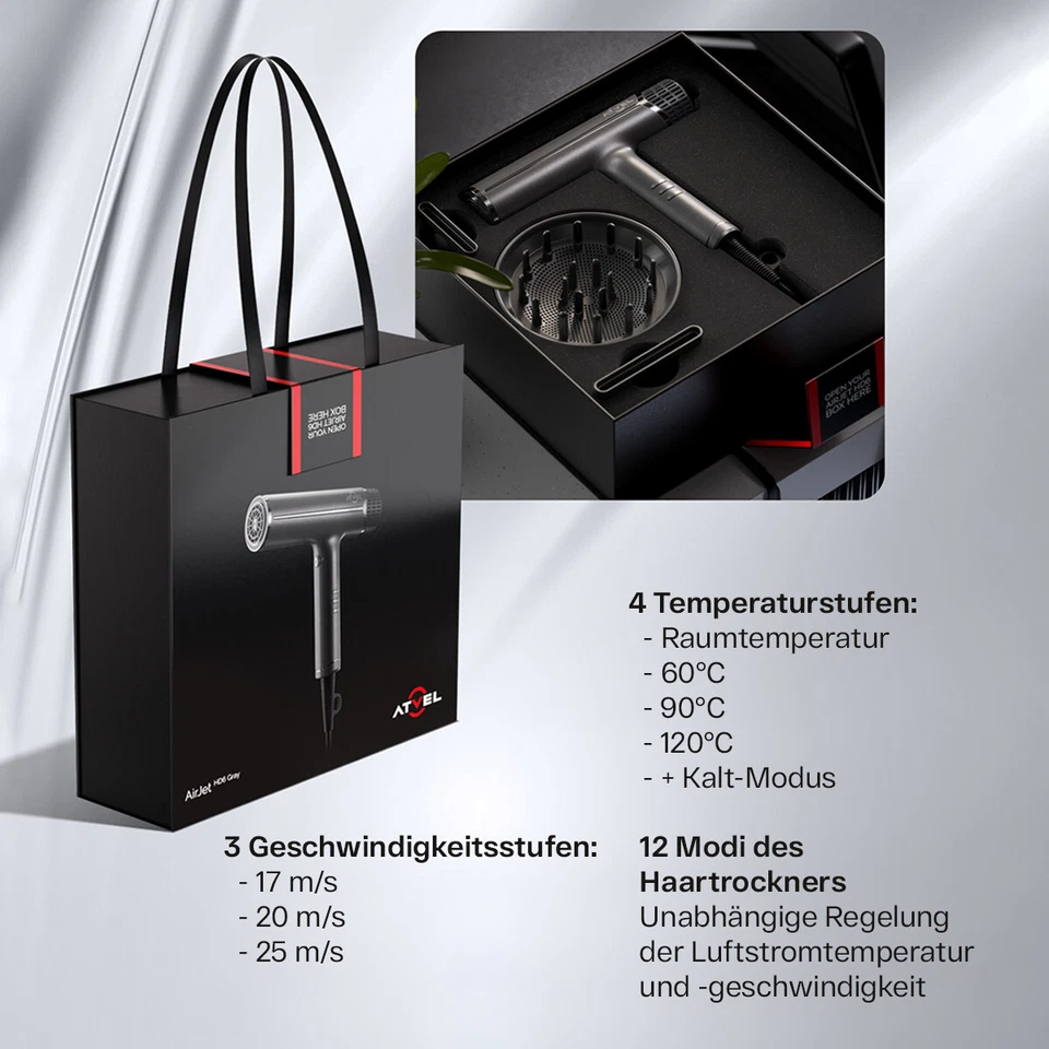 Profi Ionen Föhn, 12 Modi, Leichter Reisehaartrockner 300 g ATVEL AirJet HD6 - Bild 2 von 4