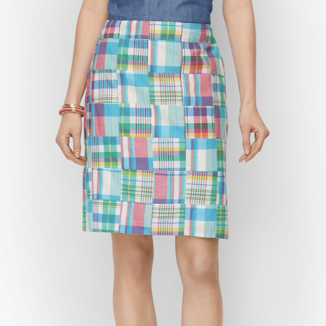 Talbots Patchwork Madras Skirt 14 Mini A-Line Preppy Lined Beach Boho Cotton