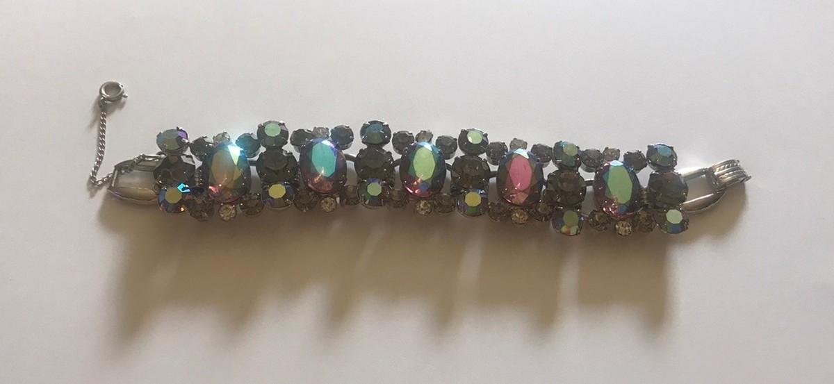 Juliana Rhinestone Bracelet Peacock Blue Borealis VINTAGE D&E Link FABULOUS View 3