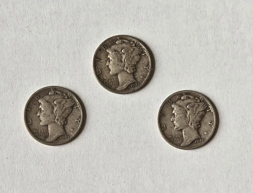 New Listing1943 Mercury Dimes Lot of 3 Winged Liberty Head US Coins Circulated.