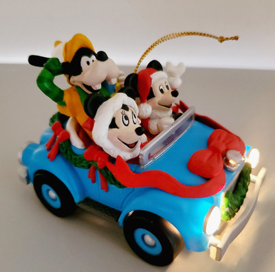VTG Schmid Disney Mickey, Minnie, Goofy  Jalopy Musical w/ Headlights Ornament 