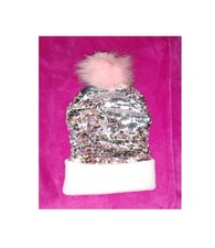 Blush Pink Silver Metallic Shiny Sequin Beanie Pom Pom Faux Fur Winter Girls Hat