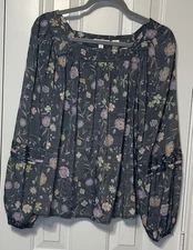 LC Lauren Conrad Women’s Gray Floral Peasant Boho Blouse Size Medium Long Sleeve