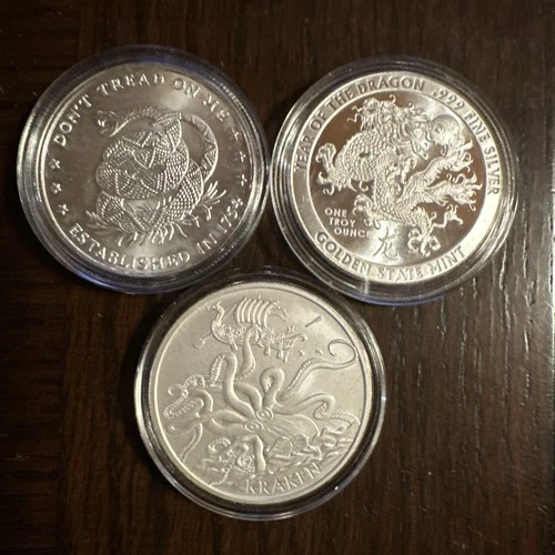 Lot of 3 Kraken Silver Coins Each 1 Ounce Pure Silver Bullion
