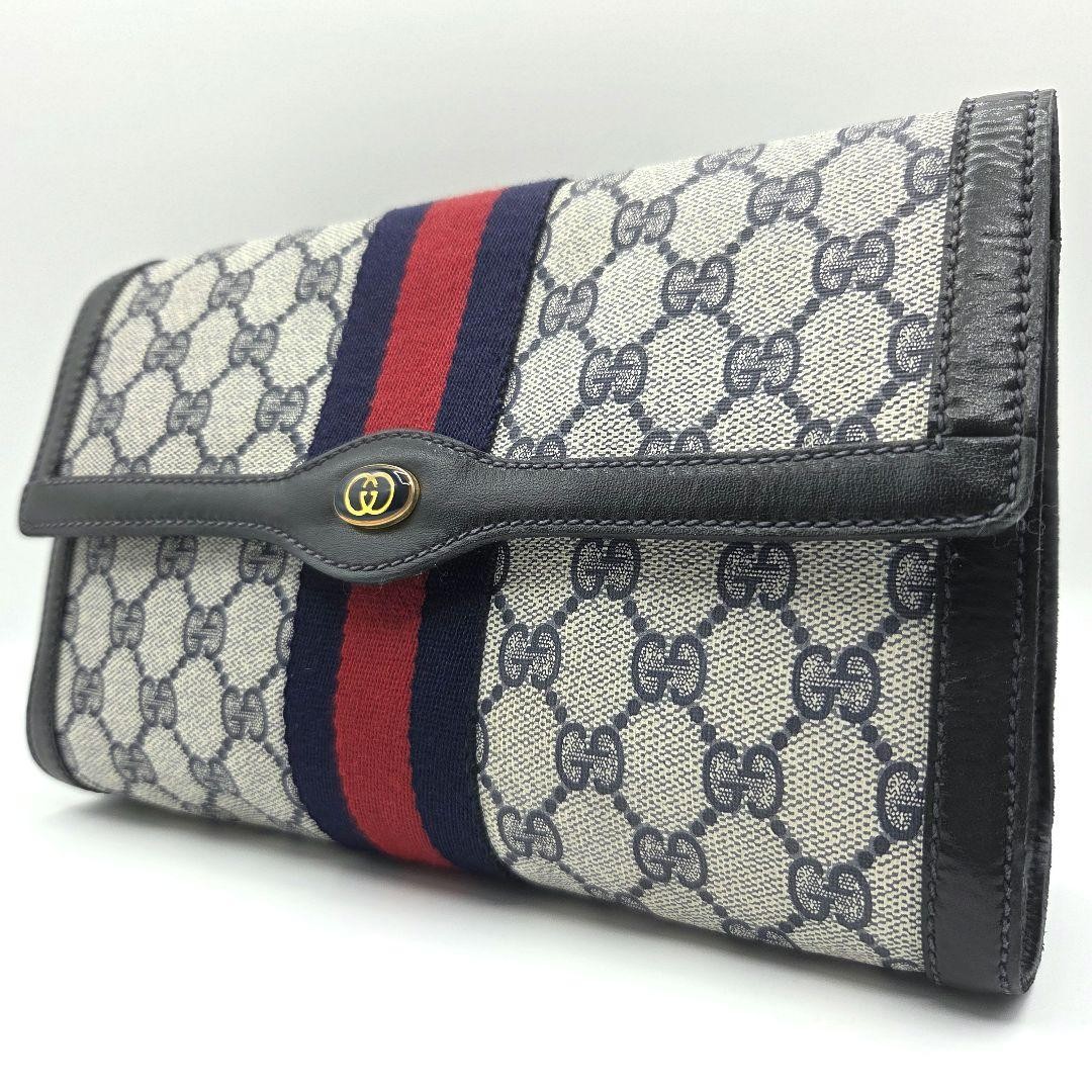 GUCCI Vintage GG Supreme Leather Clutch Bag Gray Navy Authentic Classic