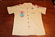 Boy Scouts of America BSA Men's Shirt Tan Large Sewn Patches Short Sleeve