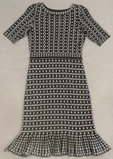 Taylor Women's Sweater Dress S Black Geometric Short Sleeve Ruffle Hem Classic