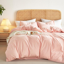 Washed Cotton Duvet Cover Set, Pink Farmhouse Bedding, Full Size, 3 Pieces