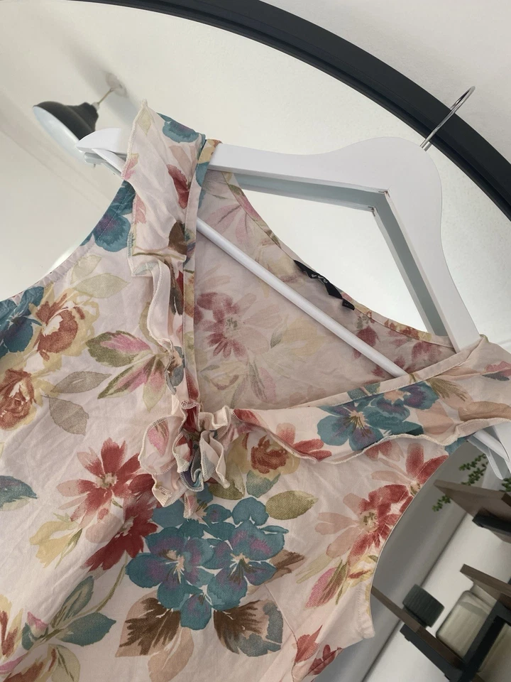 Per Una Vintage Linen Blend Cream Floral Ruffle Midi Dress Size 12R - Image 2 of 4