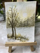 ACEO Original Watercolor 2.5”x 3.5” Painting “Winter Sunrise” Art By Pamela Long