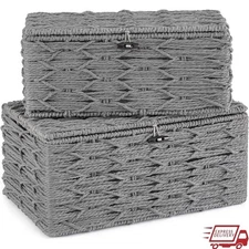 Lidded Storage Baskets Set of 2 Woven Organizer Bins Home Office Decor New