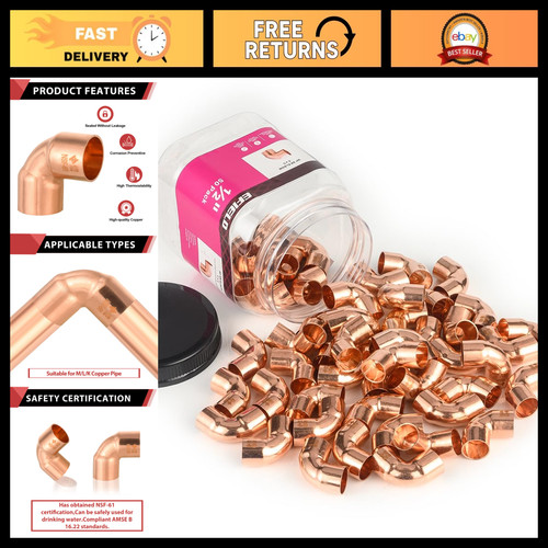 50 Pack 1/2" Copper 90 Degree Short Radius Elbow Fittings - Plumbing Supplies