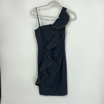 Cache Black One  Shoulder Zipper Ruffle Dress - 6