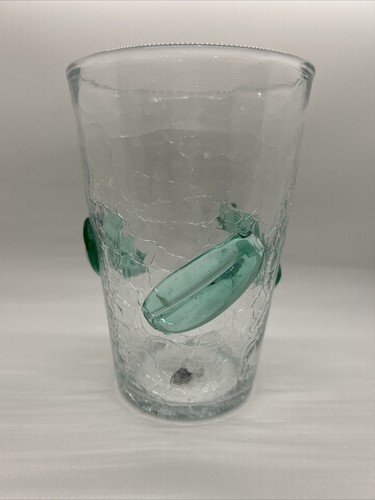 Antique/Vintage Flip Blenko Crackle Glass Vase Green Applied Green Leaves - 7” - Picture 4 of 7