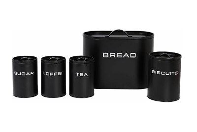 5-teiliges Brotbehälter-Set mit Tee Kaffee Zucker Glas Keksdose Küche Aufbewahrung schwarz