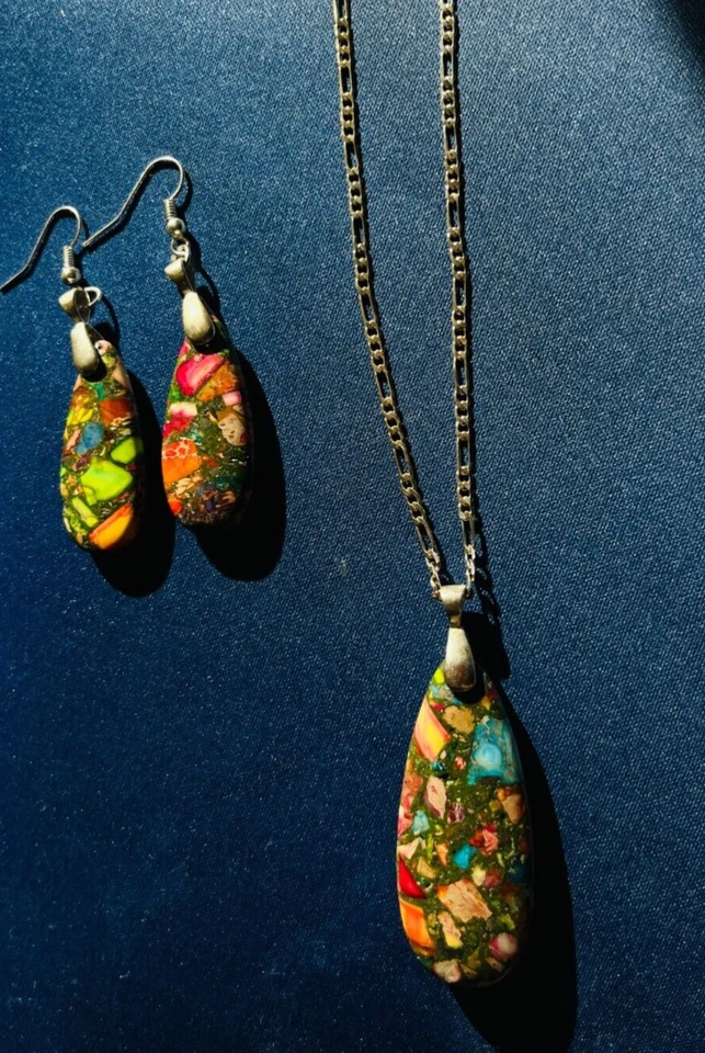 1 пара сережек из океанской яшмы и ожерелье из стерлингового серебра 925 пробы с подвеской - Изображение 2 из 4