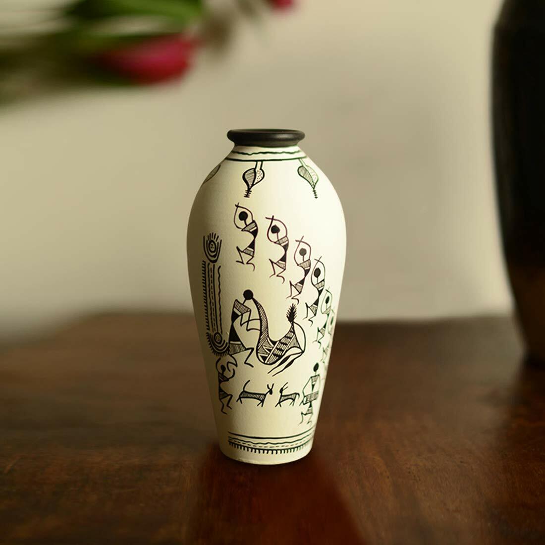 Hand Painted Decorative Flower Vase Made Of Terracotta (White Colour)-Pack  Of 1 | eBay