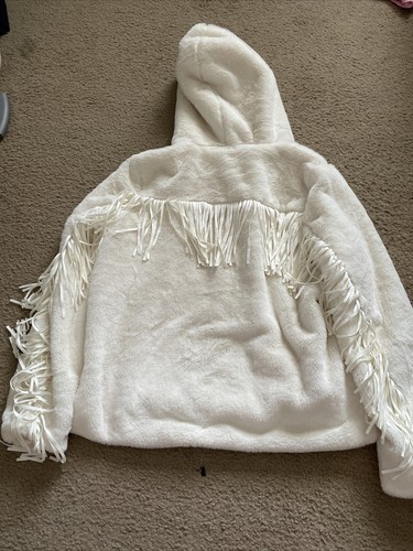 Coffee Shop New York Ivory Soft Fuzzy Hooded Coat with Tassles Size Girls Large - Picture 7 of 8