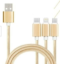 3-in-1 Fast USB Charging Cable Universal Multi Micro-USB iPhone & Android - Gold