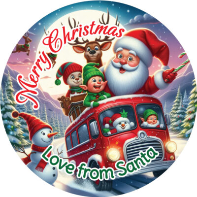 Personalisierte Frohe Weihnachten Aufkleber Etiketten Weihnachtsmann Elf verrückte Busfahrt