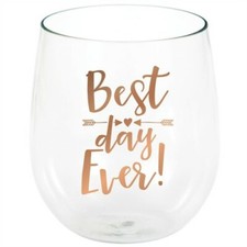 Wedding Rose Gold Best Day Ever 14 oz Stemless Plastic Wine Glasses 6 Pack