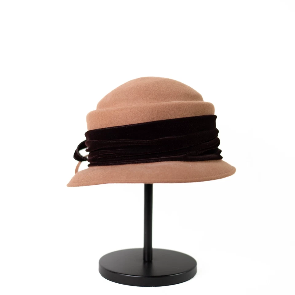 Sombrero Cloche de Lana Galliano Sorbatti Marrón Terciopelo Cinta Arco Hecho en Italia 56 cm Foto 4 de 4