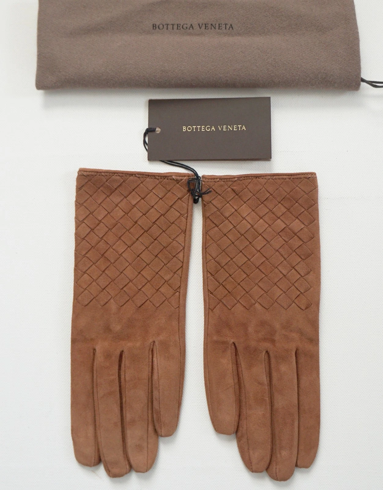 NUOVI Autentici Guanti BOTTEGA VENETA INTRECCIATO Marroni Originari PELLE SCAMOSCIATA 75 US 7 5