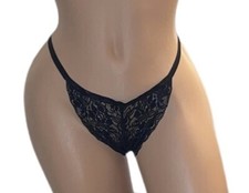 Fredericks of Hollywood Black Sheer Lace String Bikini G-String Nylon Panties L