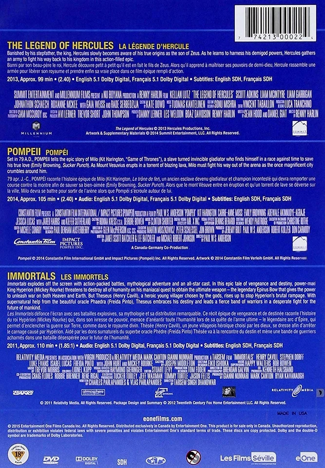 The Legend of Hercules + Pompeii + Immortals - Triple Feature New 3 Dis DVD set - Image 2 of 2